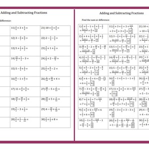 Fractions: Addition & Subtraction Worksheets With Solutions (printable ...