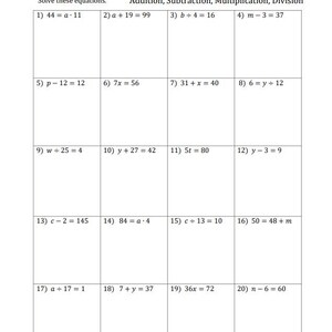 May include: A worksheet with 20 one-step equations for students to solve. The equations involve addition, subtraction, multiplication, and division with whole numbers. The worksheet is titled "One-Step Equations with Whole Numbers (no Negatives)".