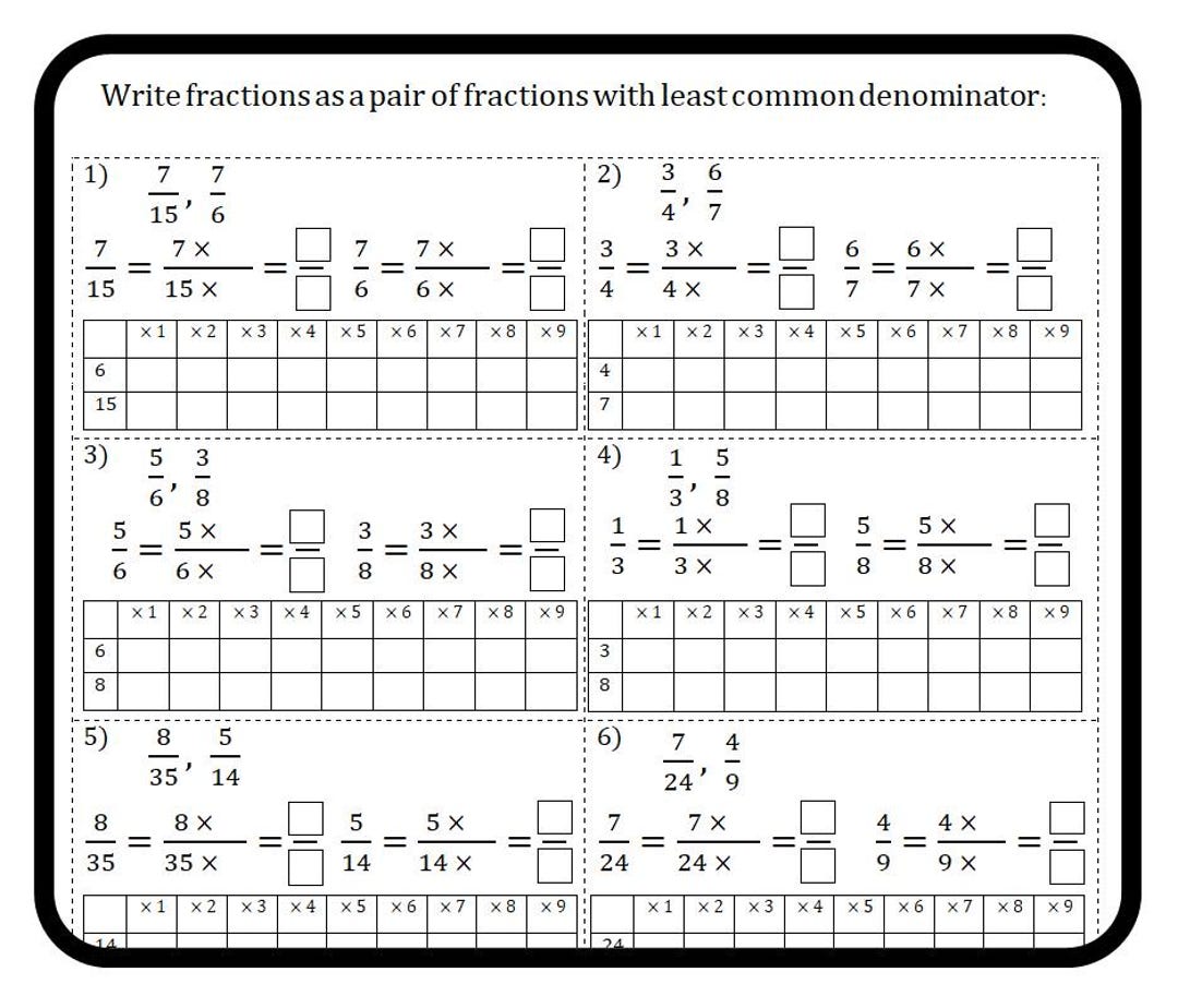 Least Common Denominator Worksheets: Math Grades 4-6 (printable PDF) - Etsy