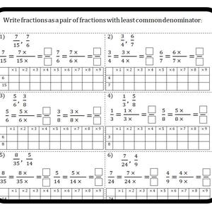 Least Common Denominator, Educational Math Worksheets, Digital Educational File Kids, Math Grades 5-7 Digital PDF Printable, Educational