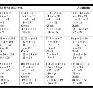 Può includere: Un foglio di lavoro con 12 problemi di matematica, ognuno con una soluzione passo dopo passo. I problemi consistono nel risolvere una variabile usando l'addizione. Il foglio di lavoro è intitolato "Risolvi queste equazioni" e "Addizione".