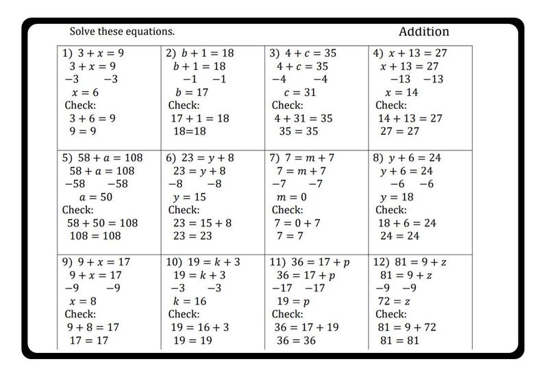 May include: A worksheet with 12 math problems, each with a step-by-step solution. The problems involve solving for a variable using addition. The worksheet is titled "Solve these equations" and "Addition".
