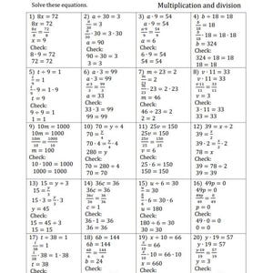 May include: A worksheet with 20 math problems for solving one-step equations with whole numbers. The problems are organized into two columns, one for addition and subtraction, and the other for multiplication and division. Each problem includes an equation, a space for showing the steps to solve the equation, and a space for checking the answer.