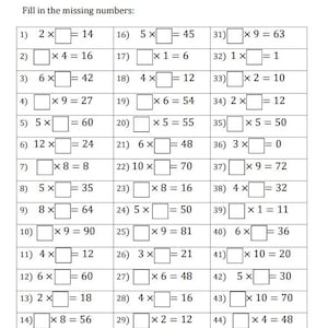 Multiplication Worksheets: Missing Numbers 0-12 (PDF) - Etsy