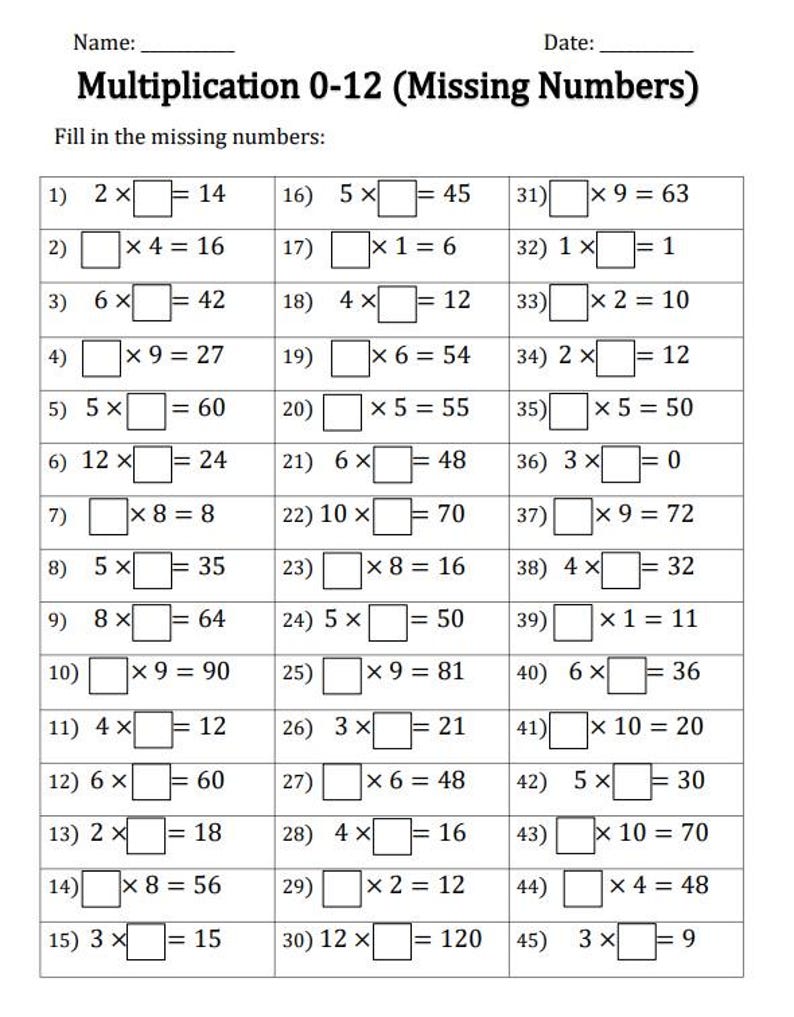 Multiplication Worksheets: Missing Numbers 0-12 (PDF) - Etsy