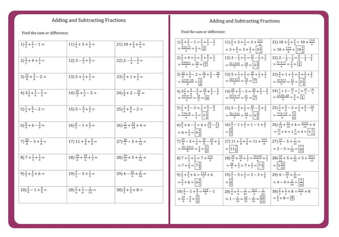 Fractions: Addition & Subtraction Worksheets With Solutions (printable ...