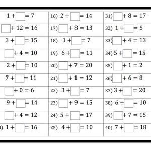 Puede incluir: Una hoja de trabajo en blanco y negro con 40 problemas de matemáticas. Cada problema es una simple ecuación de suma con un número que falta. Los problemas están numerados del 1 al 40.