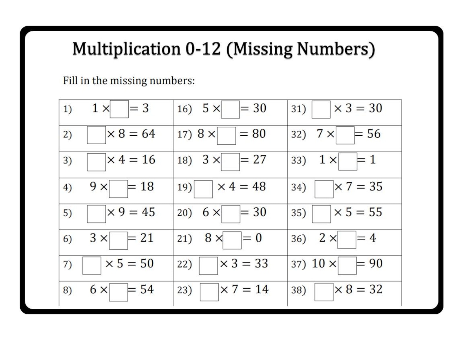 Multiplication Worksheets: Missing Numbers 0-12 (PDF) - Etsy