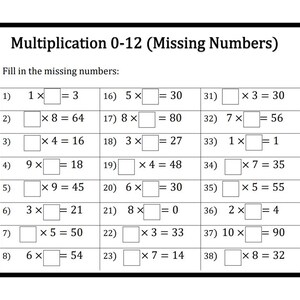 Multiplication Worksheets: Missing Numbers 0-12 (PDF) - Etsy