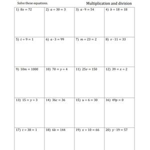 May include: A worksheet with 20 one-step equations for students to solve. The equations involve whole numbers and include addition, subtraction, multiplication, and division. The worksheet is titled "One-Step Equations with Whole Numbers (no Negatives)".