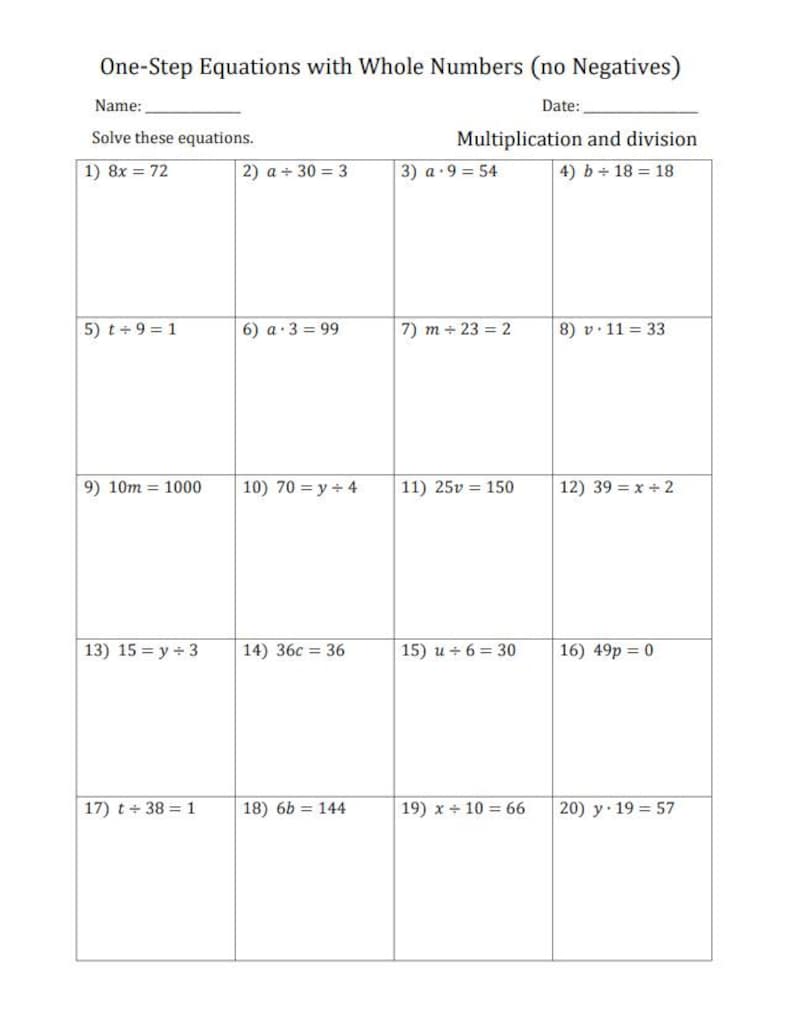 One-step Equations Worksheets: Algebra Basics, All Operations (PDF) - Etsy