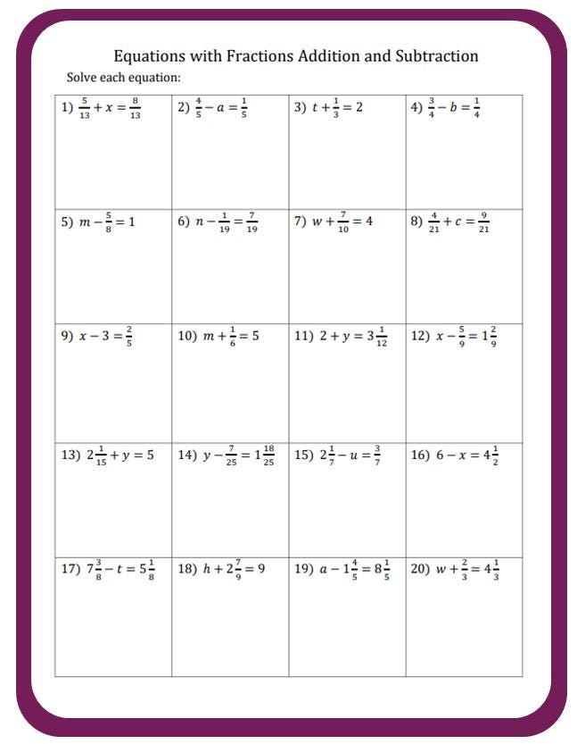 Fractions: Addition & Subtraction Worksheets With Solutions (printable ...