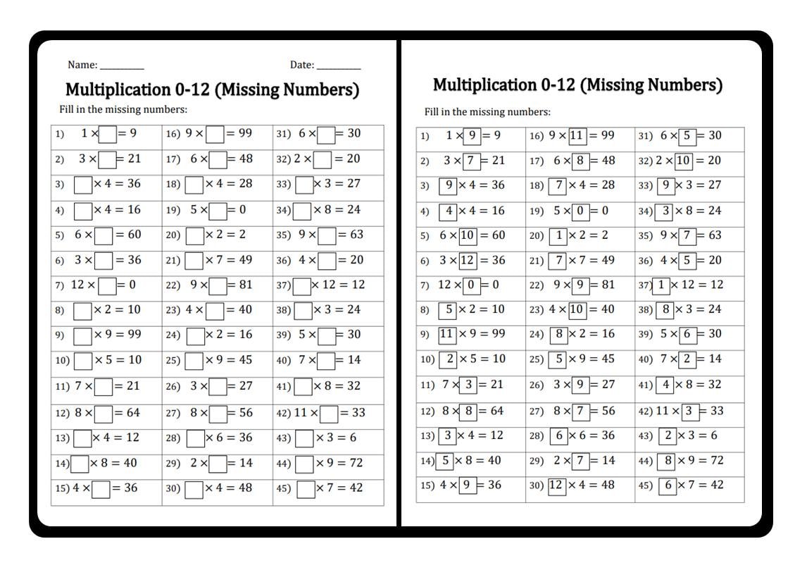 Multiplication Worksheets: Missing Numbers 0-12 (PDF) - Etsy