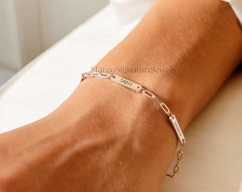 Custom Name Bar Bracelet: Dainty Paperclip Chain, Engraved Stainless Steel