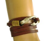 Fish hook brown leather wrap bracelet, Unisex, Mens Bracelet, Silver tone fishing hook, Jewelry For Men and Women