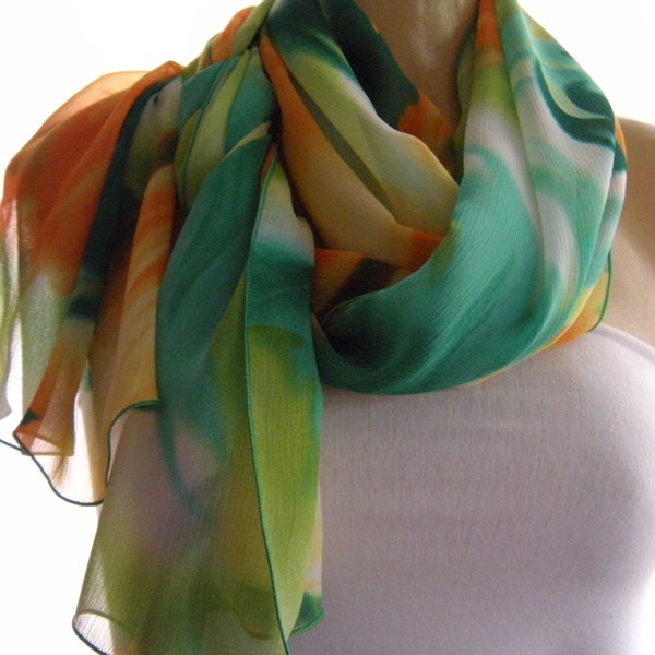 Tropical Summer long chiffon scarf Green, Yellow, Orange-Gorgeous-Parisian Neck Tissu