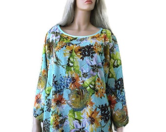 Floral Chiffon Blouse: Aqua Blue Green Kimono Sleeve Tunic