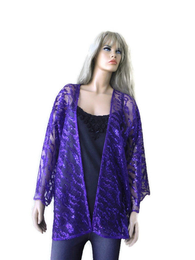 42.5 inches wide 30.5 inches long Rich Purple fancy lace kimono jacket-Holiday fashion Sequined French tulelace /_size L toXL