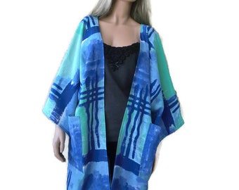 Seaside Kimono,blue green viscose Kimono with wide sleeves and large pockets,51 inches wide 38 inches long