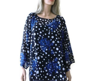 Black and white Polka dot and blue floral tunic ,chiffon collection, Oversize woman top/ Tunic,with wide sleeves,Plus size blouse-L to 1X