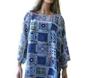 Denim Blue mosaic print oversize tunic Oversize woman top/ Chiffon Summer and Fall Tunic,Patchwork style Plus size blouse.L to XL