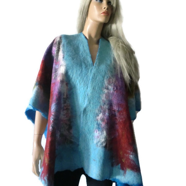 Appel des mers du sud, Nuno Feutre et Poncho en soie, version plus longue, ruana, wrap- Incroyable haut d’opéra dans mon style Kimono bien-aimé- Un seul