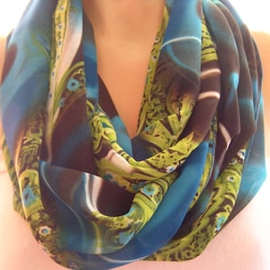 Chiffon Infinity Scarf: Blue, Brown & Pistachio Green Paisley Loop