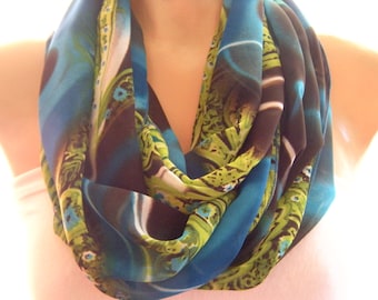 Chiffon Infinity scarf  Blue Brown and Pistachio green Eternity Loop scarf Necklace Scarf Chiffon cowl -Instant gratification-Last one