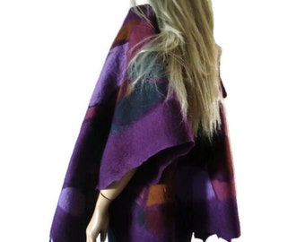 Plum/ Eggplant Nuno Felt and silk Poncho , ruana ,wrap- Amazing opera top in my beloved Kimono style-Only one available