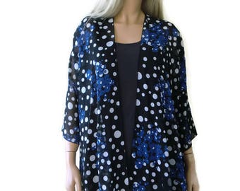 Black and white Polka dot and blue floral, Boho Kimono- Lagenlook style- Kimono cardigan -  Chiffon summer collection-Chiffon beach pareo