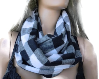 Black and white plaid flannel winter infinity scarf/ cowl /Loop  scarf unisex flannel  winter plaid Infinity Scarf