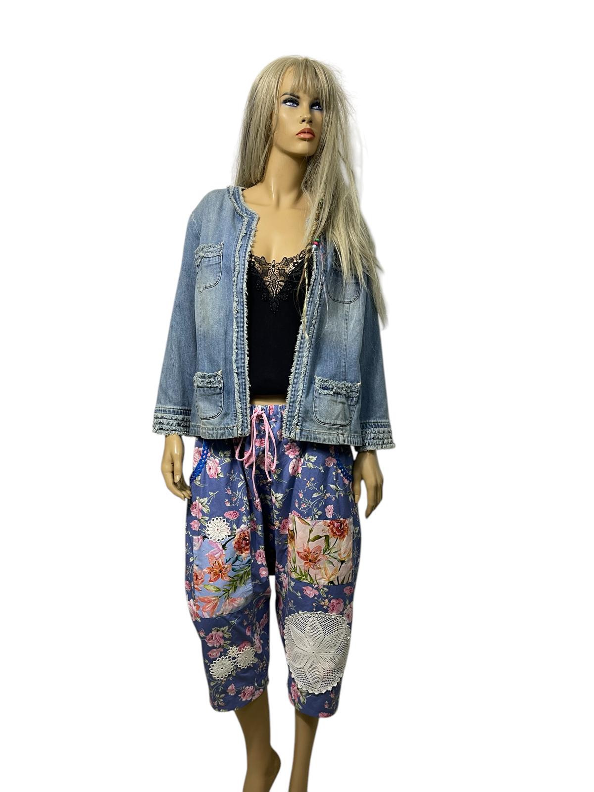 On sale.Blue Cotton floral, appliqued and patched bloomers, Pantaloons, Size Medium to Large,Harem pants-Blue and pink.