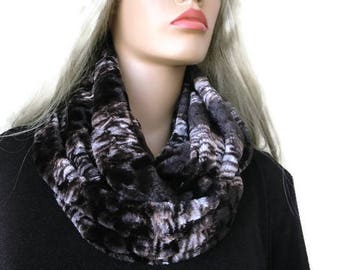 Minky Velvet Brown infinity scarf,  Velvet animal print loop circle scarf Tube version
