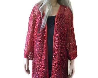 Red lacy sequined kimono style jacket, Gorgeous red  lace kimono with sequins ,52 wide,36 inches long Holiday fashion