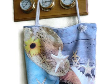Nautical canvas tote bag with beach scenery,Sea shells , Sea Stars ,nautical decors-beach bag- Book bag-School bag- Lined carry all tote bag