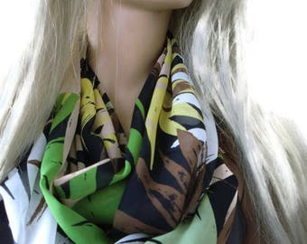 Botanic chiffon infinity scarf ,green yellow, brown palms chiffon circle loop scarf-Instant gratification-Extra wide