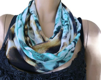 Aqua blue and blond Leopard/cheetah infinity scarf - chiffon Scarf Cowl, loop circle scarf-Instant gratification...