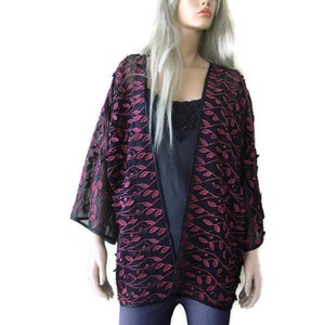 Black and berry Kimono with wide sleeves-with applique leaves,Petite -plus size kimono-Festliche Mode L-XL-Only One