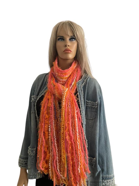 Écharpe Femme Rayée Saumon/orange Avec Franges - Légère