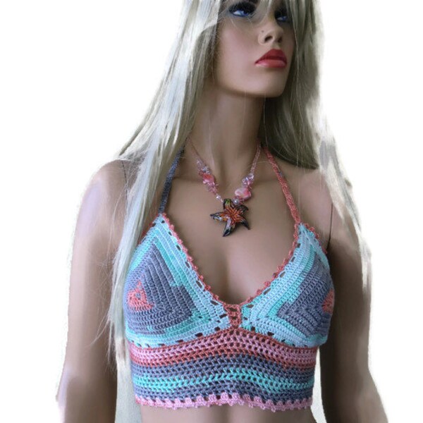 Bohemian crochet bustier top-Sanibel-Festival crochet halter top -Size Medium to large