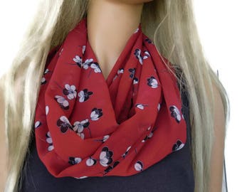 Cherry red floral Infinity scarf, Necklace scarf floral print cowl-Tube version