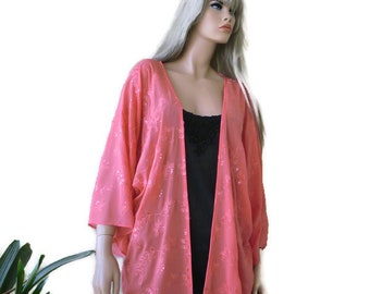 Heavenly coral  embroidered Chiffon Kimono with wide sleeves-with embroidery and tiny sequins-46 inches wide,inches long plus size kimono