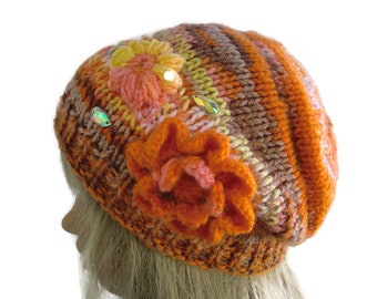 Winter sun, Flower slouchy Hat/ Mutze, in warm sunny winter colors Knit hat for teens and adults-unisex