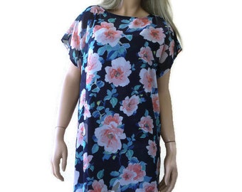 Navy Blue Floral Chiffon shell ,Chiffon tee, chiffon summer top One size Large to XL-Loose relaxed  fitting-