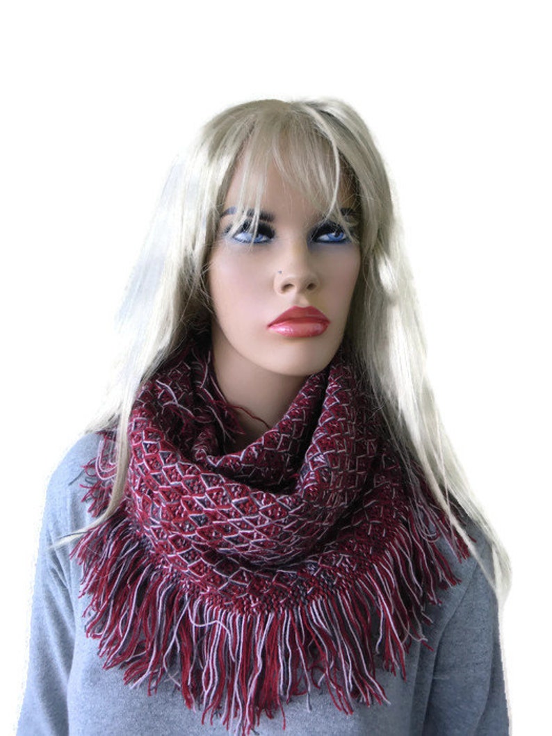 Fringe winter infinity scarf-Rustic cowl-Unisex textured knit cowl Navy, pink and beige-Unisex scarf for men and women image 2