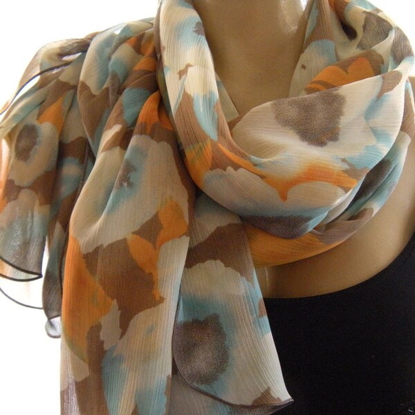 Soft and Tender Long chiffon scarf ,Taupe,Aqua,Cream White with some  Orange -Parisian Neck Tissu, Chiffon   Summer Scarf