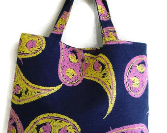 Paisley yellow and pink-navy denim canvas bag-canvas tote bag with paisley print- book bag,Lined carry all tote bag