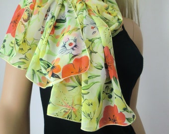 Green and yellow  Long tropical floral chiffon scarf -Parisian Neck Tissu