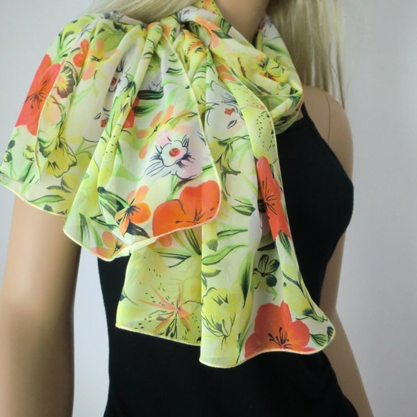 Longue écharpe verte et jaune en mousseline de soie à fleurs tropicales - Parisian Neck Tissu