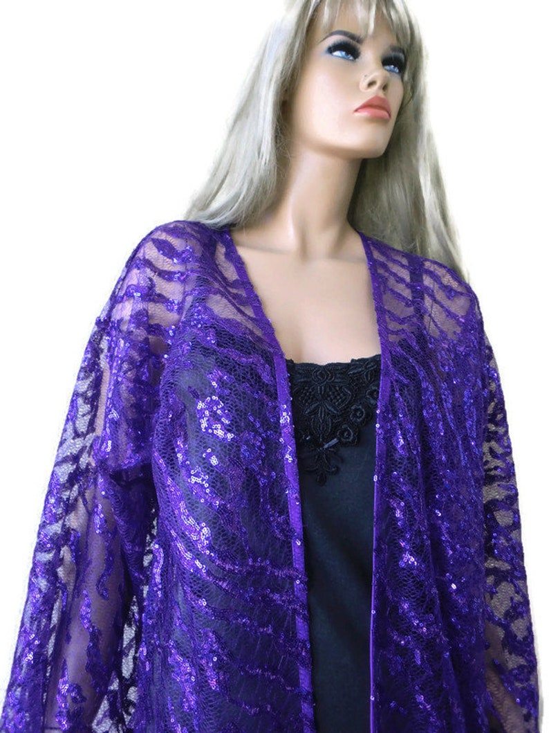 42.5 inches wide 30.5 inches long Rich Purple fancy lace kimono jacket-Holiday fashion Sequined French tulelace /_size L toXL